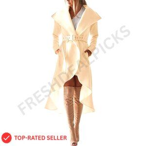 Wool Trench Coat Wrap Collar High Low Hem Belted Chic Winter Jacket